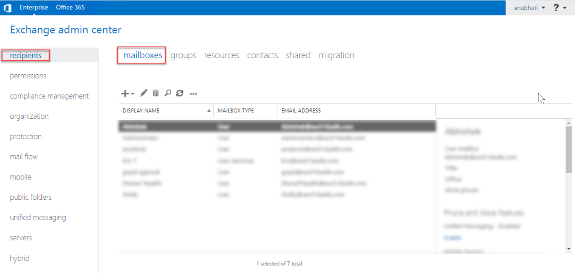 Login to Exchange Admin Center and navigate to Recipients > Mailboxes.